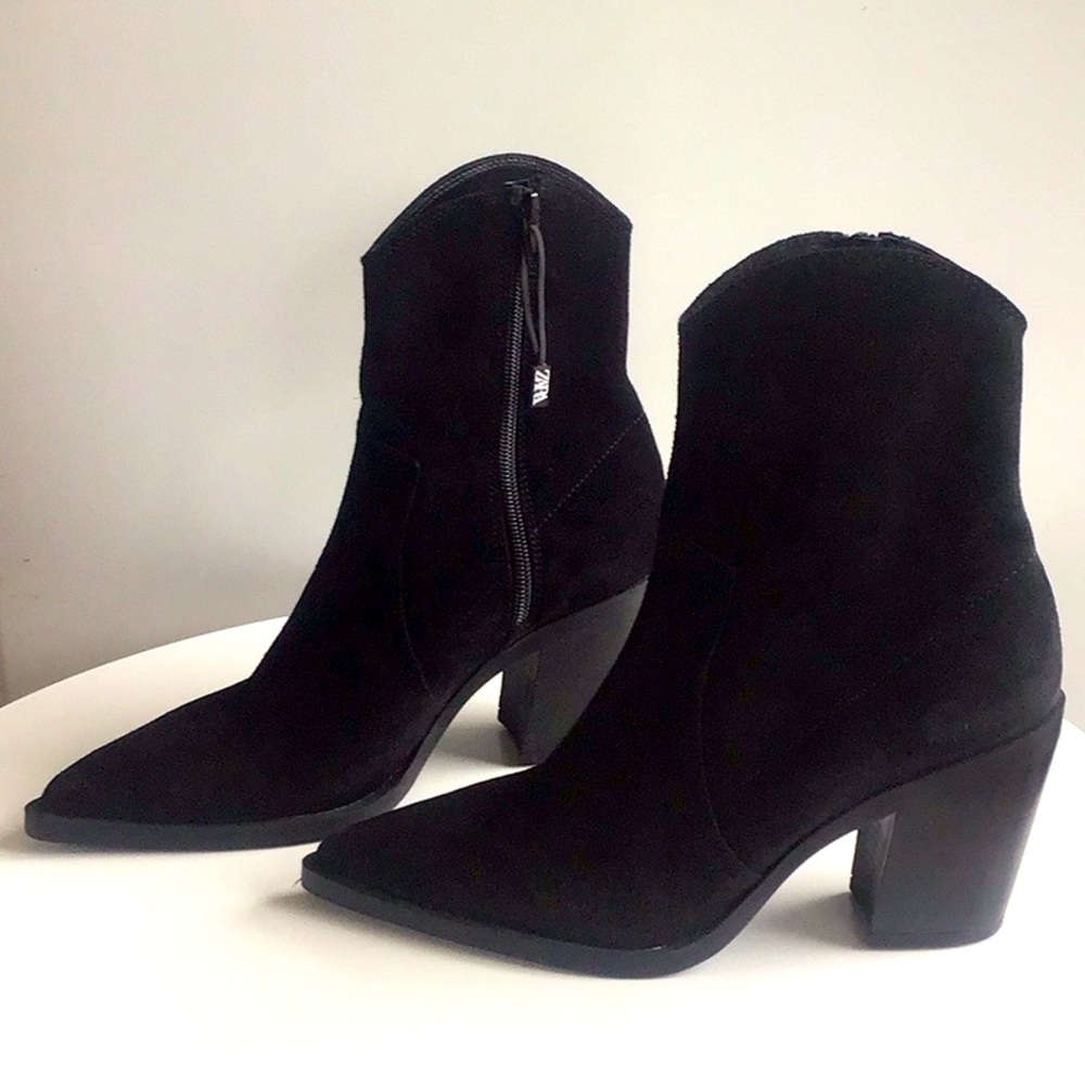 Zara leather western Black Suede heeled Ankle Boots - Picture 2 of 16